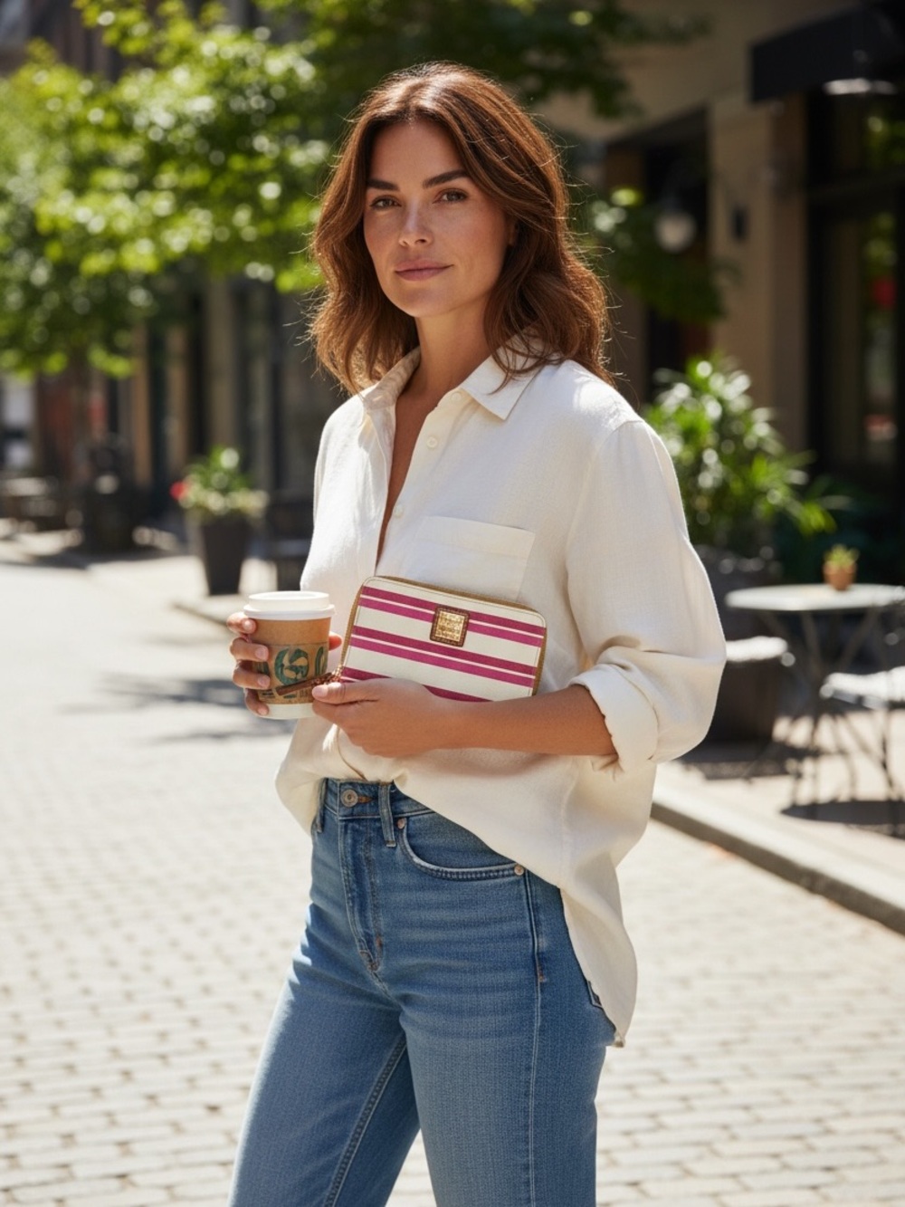 Dooney & Bourke Beacon Stripe Zip Around Continental Wallet Pink White Leather